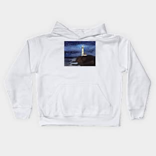 Lighthouse on a cliff at night time Kids Hoodie